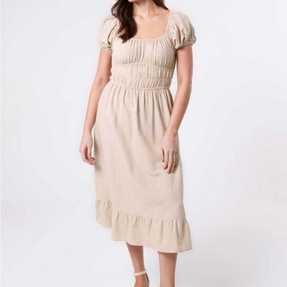 Chic Beige Linen Midi Dress with Puff Sleeves